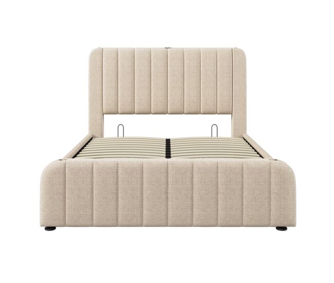 Cama doble tapizada 140x200 cm - cabecero acolchado con detalles dorados, carga usb-c, almacenaje hidráulico y colchón incluido - lino beige