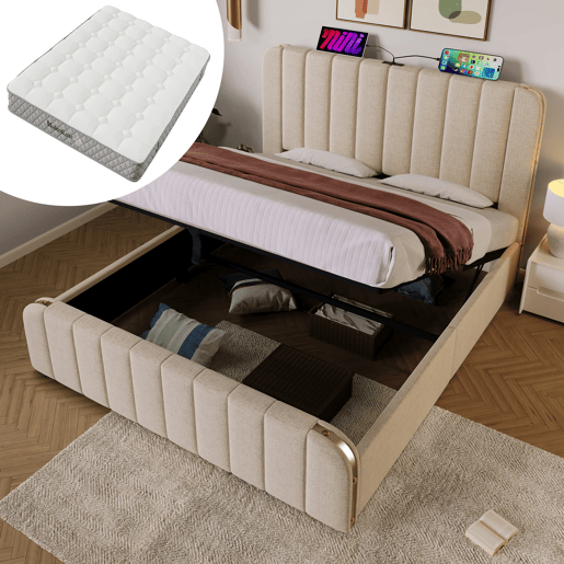 Cama de casal estofada 140x200 cm - cabeceira acolchoada com detalhes dourados, carregador USB-C, armazenamento hidráulico e colchão incluído - linho bege