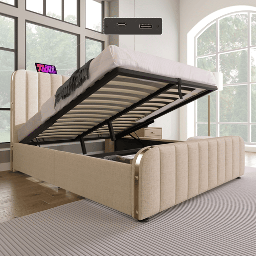 Cama de casal estofada 140x200 cm - cabeceira acolchoada com detalhes dourados, carregador USB-C, armazenamento hidráulico e colchão incluído - linho bege