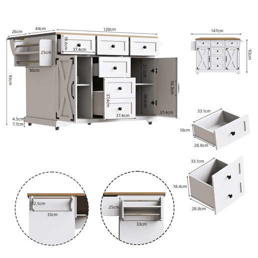 Ilha de cozinha móvel - acabamento efeito madeira, grande capacidade de armazenamento e design multifuncional - branco