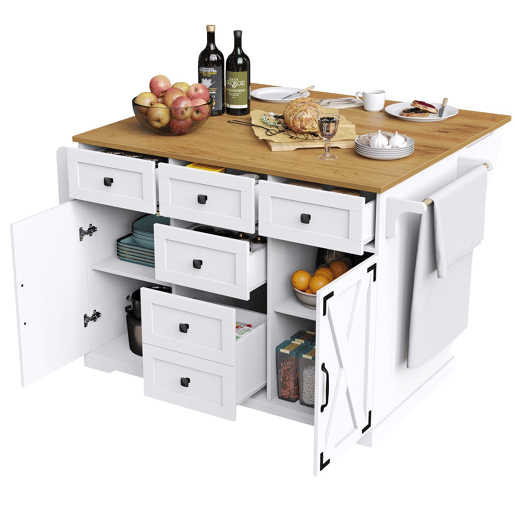 Ilha de cozinha móvel - acabamento efeito madeira, grande capacidade de armazenamento e design multifuncional - branco