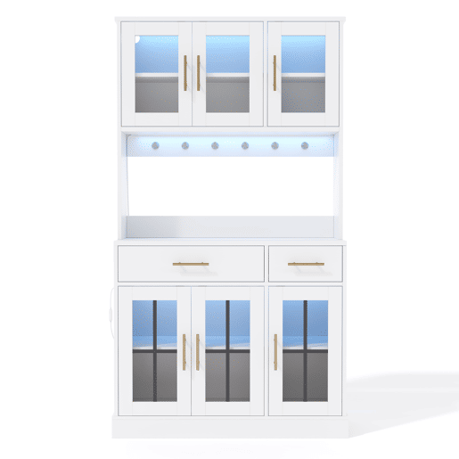 Aparador 180x100 - 6 portas, 2 gavetas, LED, tomada, prateleiras ajustáveis, estilo rústico - Branco