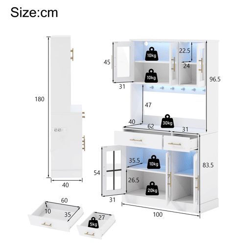Aparador 180x100 - 6 portas, 2 gavetas, LED, tomada, prateleiras ajustáveis, estilo rústico - Branco