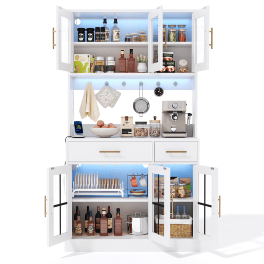Aparador 180x100 - 6 portas, 2 gavetas, LED, tomada, prateleiras ajustáveis, estilo rústico - Branco