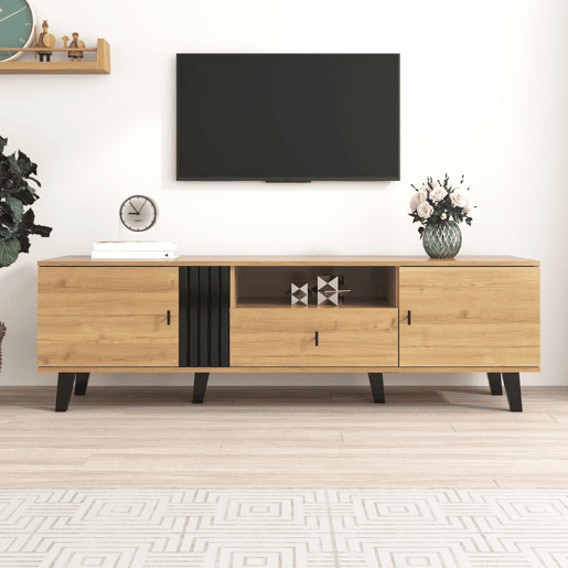 Móvel de TV 170 cm - gavetas, armazenamento múltiplo, design em madeira e preto Móvel de TV 170 cm - gavetas, armazenamento múltiplo, design em madeira e preto