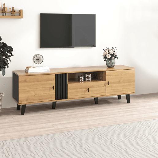 Móvel de TV 170 cm - gavetas, armazenamento múltiplo, design em madeira e preto Móvel de TV 170 cm - gavetas, armazenamento múltiplo, design em madeira e preto