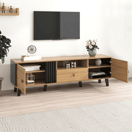 Móvel de TV 170 cm - gavetas, armazenamento múltiplo, design em madeira e preto Móvel de TV 170 cm - gavetas, armazenamento múltiplo, design em madeira e preto