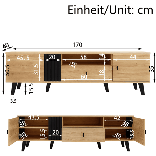 Móvel de TV 170 cm - gavetas, armazenamento múltiplo, design em madeira e preto Móvel de TV 170 cm - gavetas, armazenamento múltiplo, design em madeira e preto