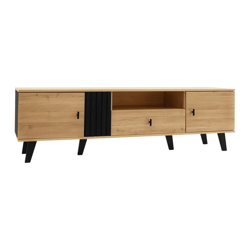 Móvel de TV 170 cm - gavetas, armazenamento múltiplo, design em madeira e preto Móvel de TV 170 cm - gavetas, armazenamento múltiplo, design em madeira e preto