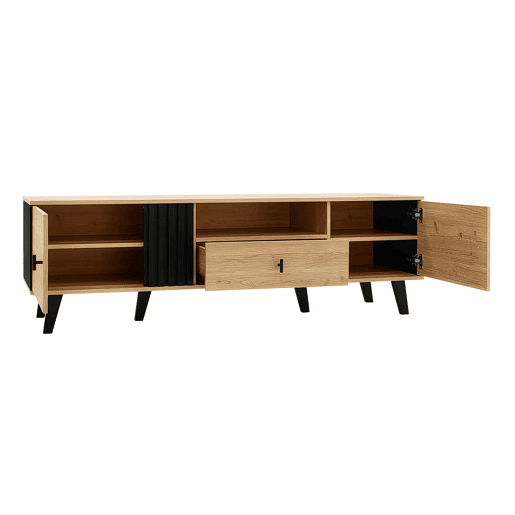 Móvel de TV 170 cm - gavetas, armazenamento múltiplo, design em madeira e preto Móvel de TV 170 cm - gavetas, armazenamento múltiplo, design em madeira e preto