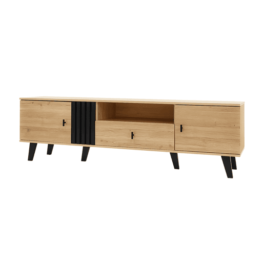 Móvel de TV 170 cm - gavetas, armazenamento múltiplo, design em madeira e preto Móvel de TV 170 cm - gavetas, armazenamento múltiplo, design em madeira e preto