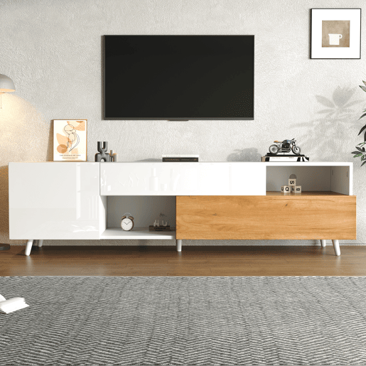 Móvel de TV baixo 180x38x50 cm - 1 porta, 1 gaveta, 7 compartimentos, acabamento alto brilho