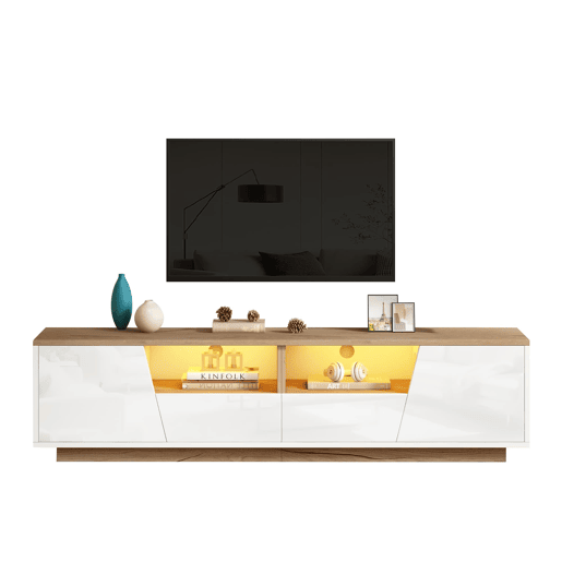 Móvel de TV 180x40x46 cm - 2 gavetas, 2 armários, iluminação LED, acabamento brilhante para TVs até 75 polegadas - branco e madeira Móvel de TV 180x40x46 cm - 2 gavetas, 2 armários, iluminação LED, acabamento brilhante para TVs até 75 polegadas - branco e madeira