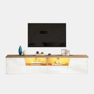 Móvel de TV 180x40x46 cm - 2 gavetas, 2 armários, iluminação LED, acabamento brilhante para TVs até 75 polegadas - branco e madeira