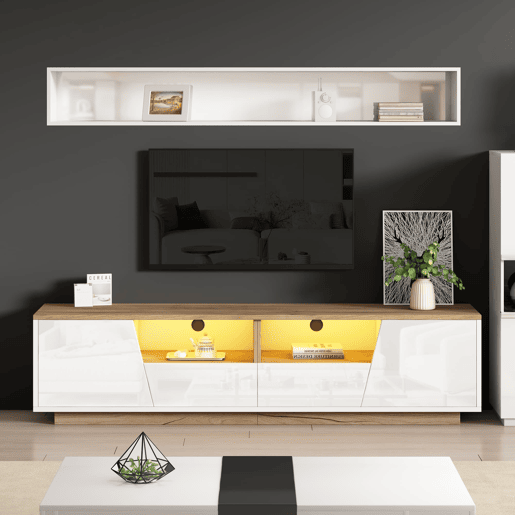 Móvel de TV 180x40x46 cm - 2 gavetas, 2 armários, iluminação LED, acabamento brilhante para TVs até 75 polegadas - branco e madeira Móvel de TV 180x40x46 cm - 2 gavetas, 2 armários, iluminação LED, acabamento brilhante para TVs até 75 polegadas - branco e madeira