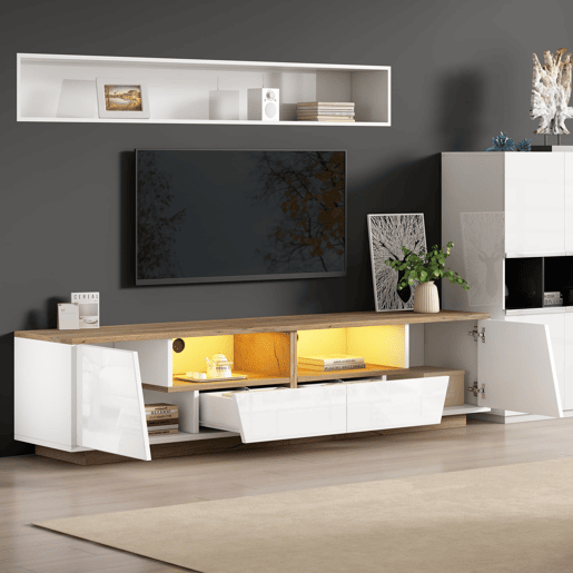 Móvel de TV 180x40x46 cm - 2 gavetas, 2 armários, iluminação LED, acabamento brilhante para TVs até 75 polegadas - branco e madeira Móvel de TV 180x40x46 cm - 2 gavetas, 2 armários, iluminação LED, acabamento brilhante para TVs até 75 polegadas - branco e madeira
