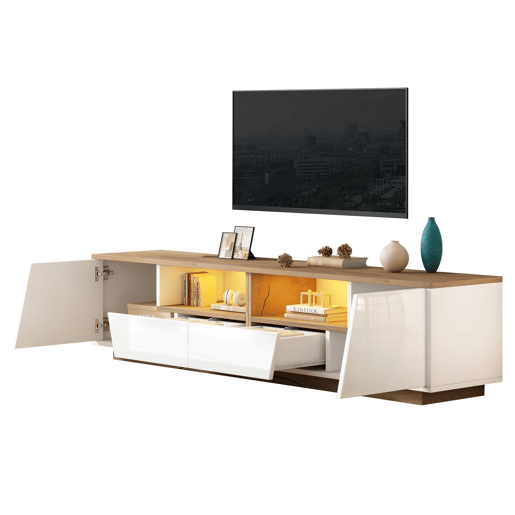 Móvel de TV 180x40x46 cm - 2 gavetas, 2 armários, iluminação LED, acabamento brilhante para TVs até 75 polegadas - branco e madeira Móvel de TV 180x40x46 cm - 2 gavetas, 2 armários, iluminação LED, acabamento brilhante para TVs até 75 polegadas - branco e madeira