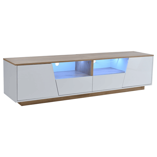 Móvel de TV 180x40x46 cm - 2 gavetas, 2 armários, iluminação LED, acabamento brilhante para TVs até 75 polegadas - branco e madeira Móvel de TV 180x40x46 cm - 2 gavetas, 2 armários, iluminação LED, acabamento brilhante para TVs até 75 polegadas - branco e madeira