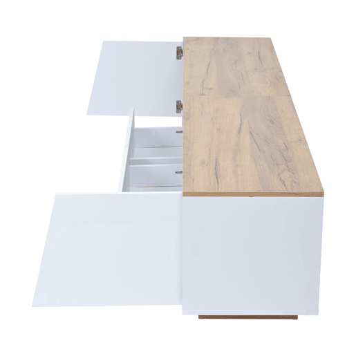 Móvel de TV 180x40x46 cm - 2 gavetas, 2 armários, iluminação LED, acabamento brilhante para TVs até 75 polegadas - branco e madeira Móvel de TV 180x40x46 cm - 2 gavetas, 2 armários, iluminação LED, acabamento brilhante para TVs até 75 polegadas - branco e madeira