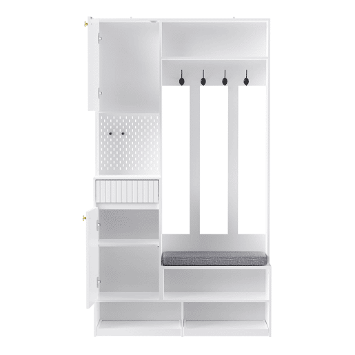 Conjunto de hall de entrada 100x180x35 cm - banco com assento, 4 ganchos, armário com portas e gavetas, design compacto - branco