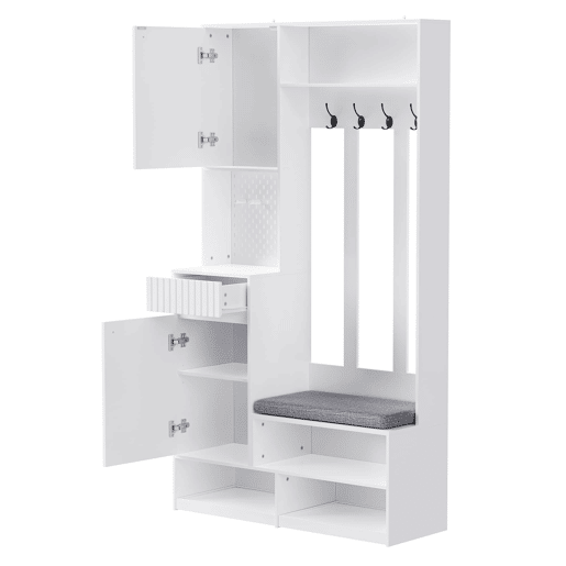 Conjunto de hall de entrada 100x180x35 cm - banco com assento, 4 ganchos, armário com portas e gavetas, design compacto - branco