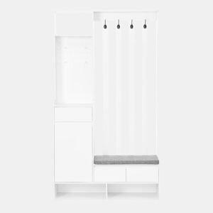 Móvel de entrada 100x180x35 cm - banco acolchoado com arrumação, sapateira com painel perfurado e 4 ganchos multifuncionais - branco