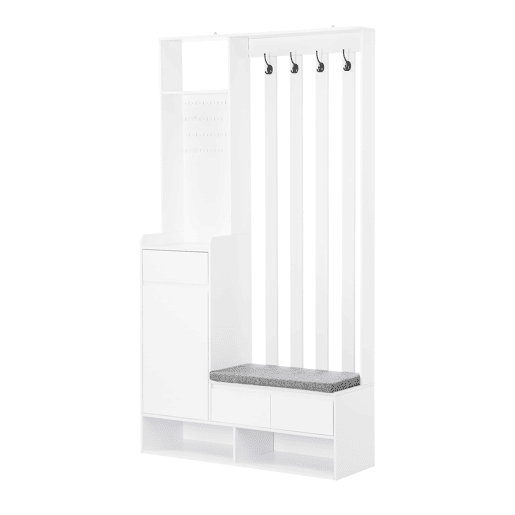 Móvel de entrada 100x180x35 cm - banco acolchoado com arrumação, sapateira com painel perfurado e 4 ganchos multifuncionais - branco