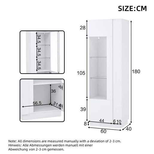 Vitrine 60x40x180 cm - Porta acrílica, LED, 3 prateleiras de vidro, alto brilho - Branco