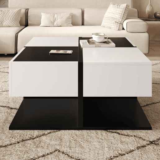 Mesa de centro quadrada 70x70x35,5 cm - 2 gavetas, com arrumação, design elegante - Preto e Branco