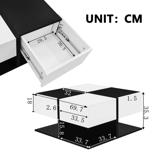 Mesa de centro quadrada 70x70x35,5 cm - 2 gavetas, com arrumação, design elegante - Preto e Branco
