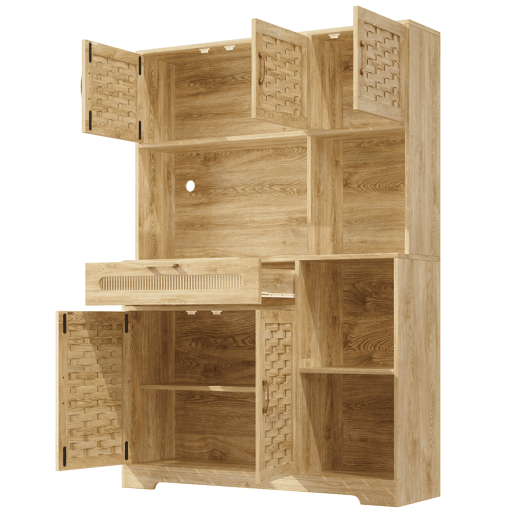 Aparador 120x40x180 cm - Com portas em MDF tecido, com iluminação LED - Natural