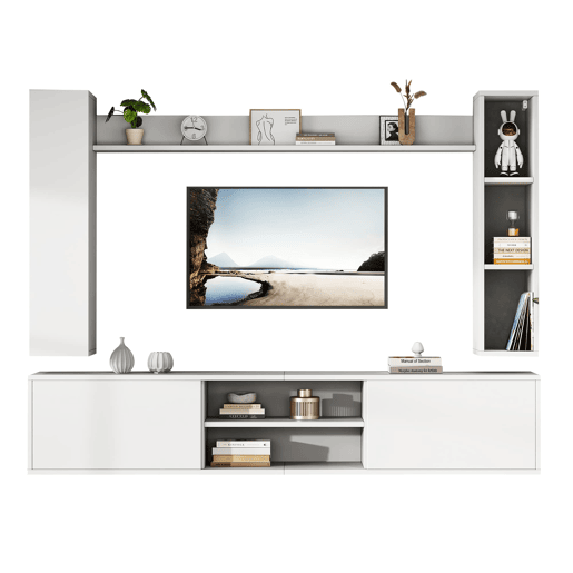 Conjunto de móveis para TV 180x35x33,5 cm - 4 prateleiras, com vitrines, suporta TVs de até 80 - Branco