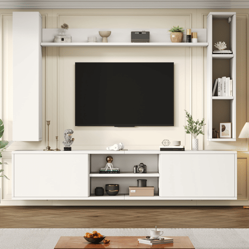 Conjunto de móveis para TV 180x35x33,5 cm - 4 prateleiras, com vitrines, suporta TVs de até 80 - Branco