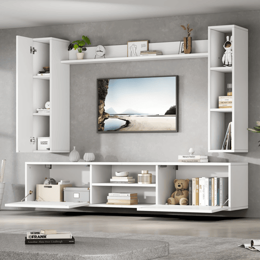 Conjunto de móveis para TV 180x35x33,5 cm - 4 prateleiras, com vitrines, suporta TVs de até 80 - Branco
