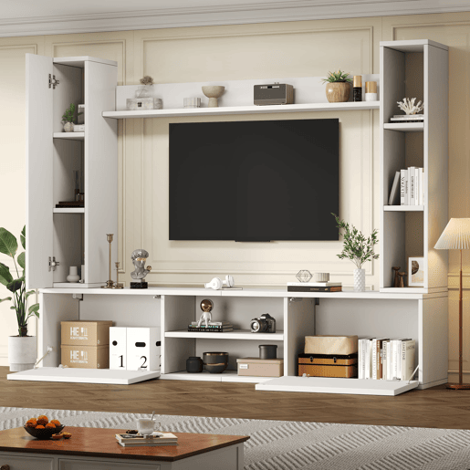 Conjunto de móveis para TV 180x35x33,5 cm - 4 prateleiras, com vitrines, suporta TVs de até 80 - Branco