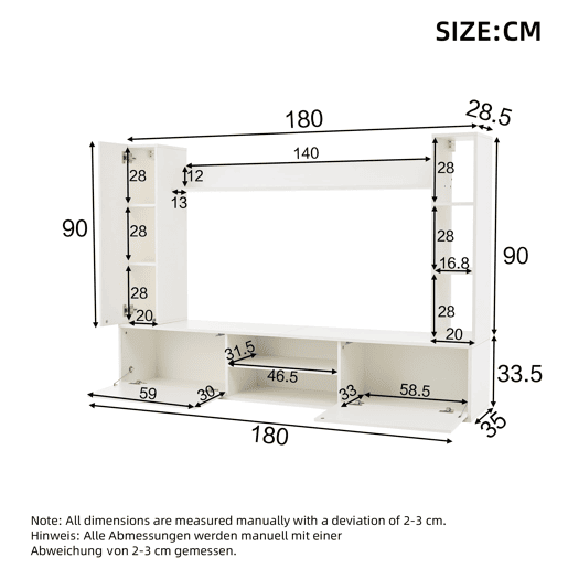 Conjunto de móveis para TV 180x35x33,5 cm - 4 prateleiras, com vitrines, suporta TVs de até 80 - Branco