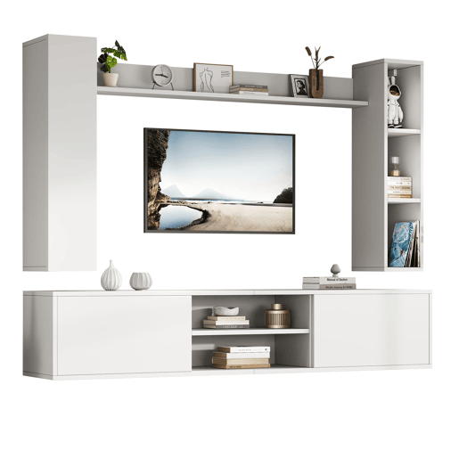 Conjunto de móveis para TV 180x35x33,5 cm - 4 prateleiras, com vitrines, suporta TVs de até 80 - Branco