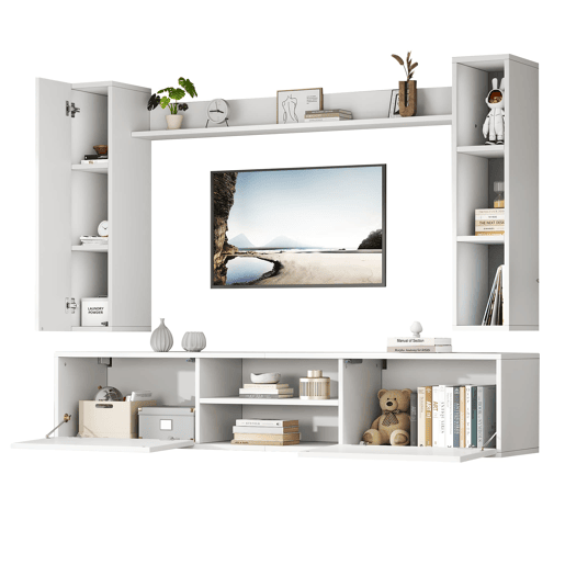 Conjunto de móveis para TV 180x35x33,5 cm - 4 prateleiras, com vitrines, suporta TVs de até 80 - Branco