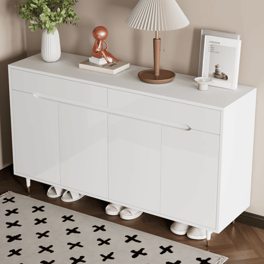 Sapateira moderna - 2 portas e 2 gavetas com prateleiras ajustáveis, pés dourados, capacidade para 18-24 pares - cor dourada e branca Sapateira moderna - 2 portas e 2 gavetas com prateleiras ajustáveis, pés dourados, capacidade para 18-24 pares - cor dourada e branca