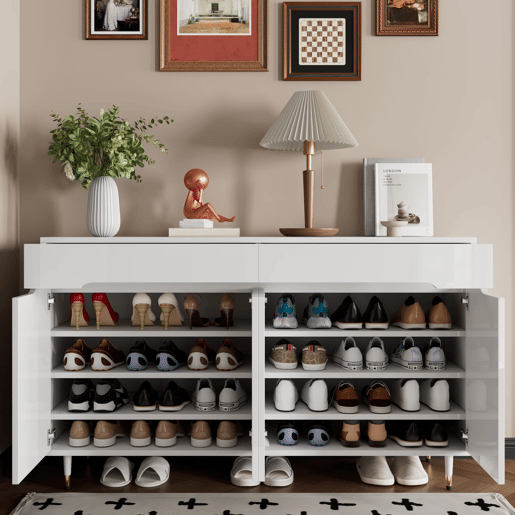 Sapateira moderna - 2 portas e 2 gavetas com prateleiras ajustáveis, pés dourados, capacidade para 18-24 pares - cor dourada e branca Sapateira moderna - 2 portas e 2 gavetas com prateleiras ajustáveis, pés dourados, capacidade para 18-24 pares - cor dourada e branca