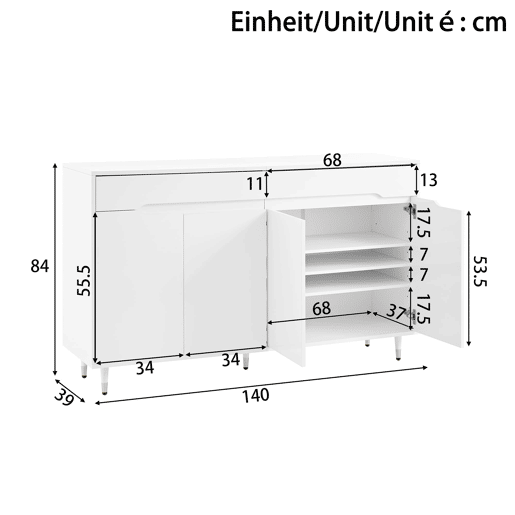 Sapateira moderna - 2 portas e 2 gavetas com prateleiras ajustáveis, pés dourados, capacidade para 18-24 pares - cor dourada e branca Sapateira moderna - 2 portas e 2 gavetas com prateleiras ajustáveis, pés dourados, capacidade para 18-24 pares - cor dourada e branca