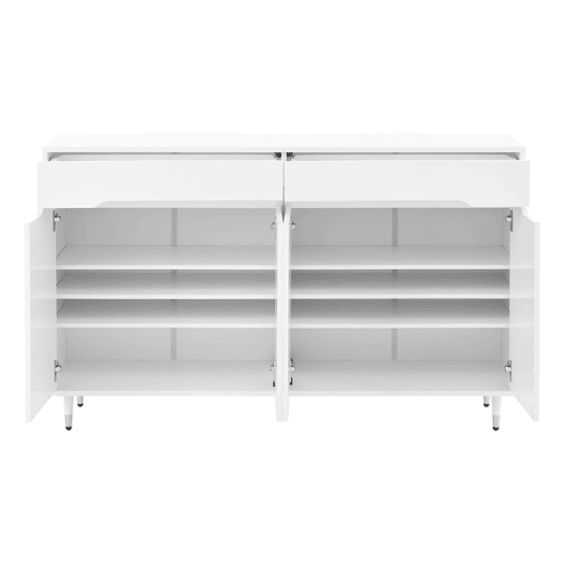Sapateira moderna - 2 portas e 2 gavetas com prateleiras ajustáveis, pés dourados, capacidade para 18-24 pares - cor dourada e branca Sapateira moderna - 2 portas e 2 gavetas com prateleiras ajustáveis, pés dourados, capacidade para 18-24 pares - cor dourada e branca