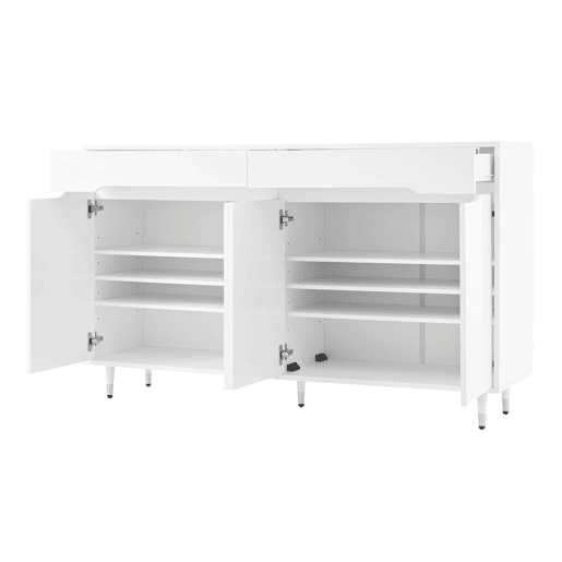 Sapateira moderna - 2 portas e 2 gavetas com prateleiras ajustáveis, pés dourados, capacidade para 18-24 pares - cor dourada e branca Sapateira moderna - 2 portas e 2 gavetas com prateleiras ajustáveis, pés dourados, capacidade para 18-24 pares - cor dourada e branca