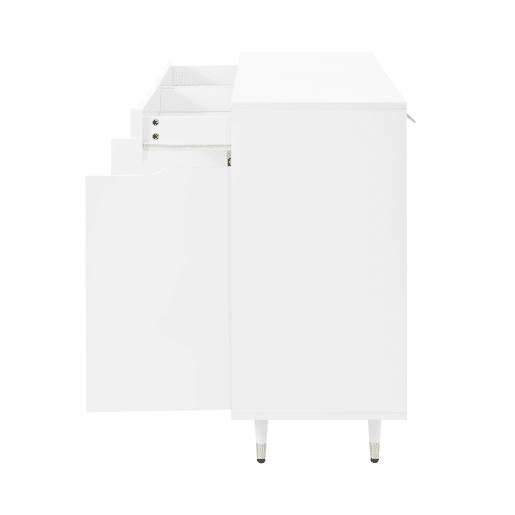Sapateira moderna - 2 portas e 2 gavetas com prateleiras ajustáveis, pés dourados, capacidade para 18-24 pares - cor dourada e branca Sapateira moderna - 2 portas e 2 gavetas com prateleiras ajustáveis, pés dourados, capacidade para 18-24 pares - cor dourada e branca