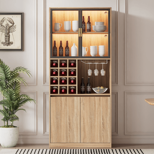 Armário de casa de banho 180 cm - Vitrina com portas de vidro e iluminação - Cor natural Armário de casa de banho 180 cm - Vitrina com portas de vidro e iluminação - Cor natural