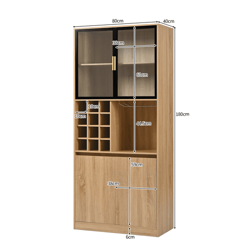 Armário de casa de banho 180 cm - Vitrina com portas de vidro e iluminação - Cor natural Armário de casa de banho 180 cm - Vitrina com portas de vidro e iluminação - Cor natural