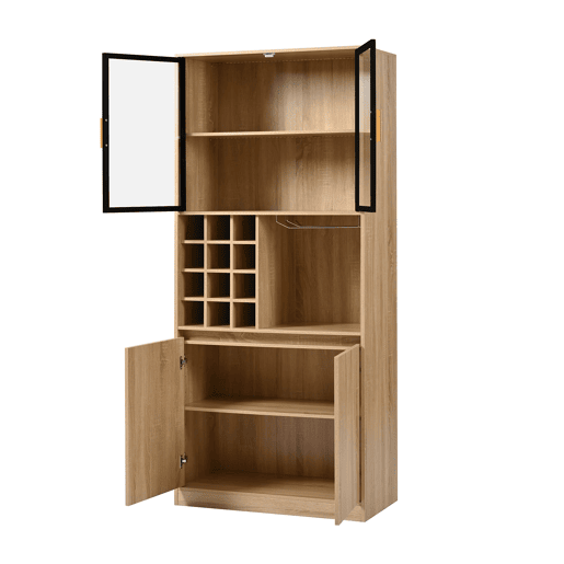 Armário de casa de banho 180 cm - Vitrina com portas de vidro e iluminação - Cor natural Armário de casa de banho 180 cm - Vitrina com portas de vidro e iluminação - Cor natural
