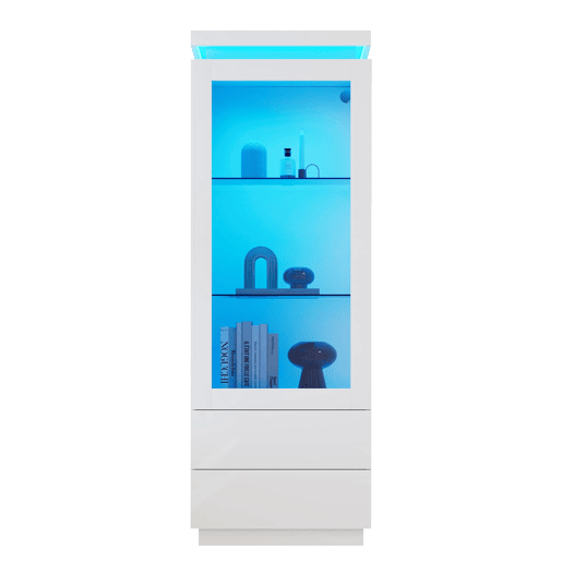 Vitrine alta 60x40x171 cm - alto brilho com LED, 2 gavetas, portas de vidro e rebatíveis, móvel para sala - branco