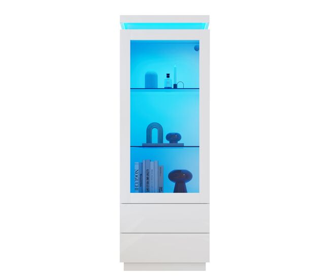 Vitrina alta 60x40x171 cm - alto brillo con led, 2 cajones, puertas de cristal y abatible, mueble para salón - blanco