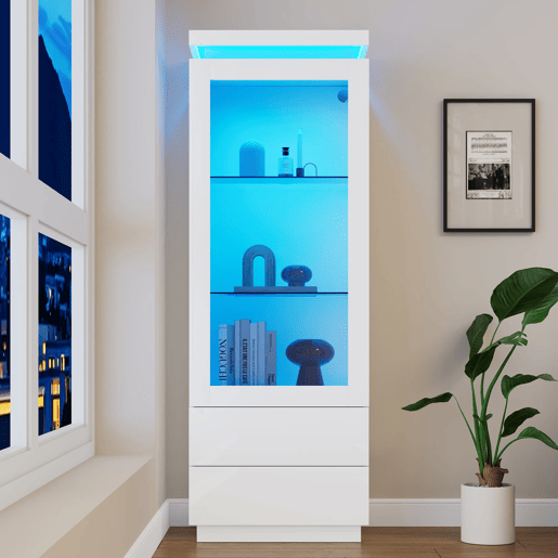 Vitrine alta 60x40x171 cm - alto brilho com LED, 2 gavetas, portas de vidro e rebatíveis, móvel para sala - branco